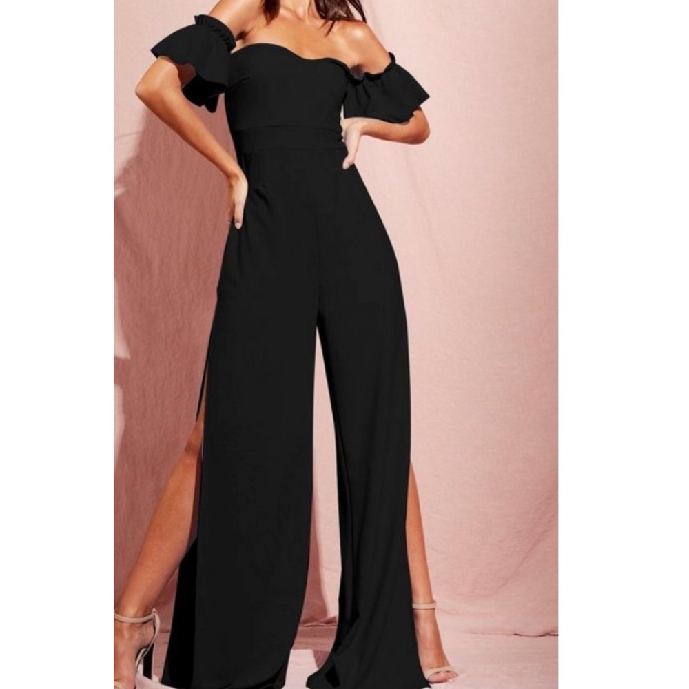 BOOHOO off shoulder/split wide leg jumpsuit